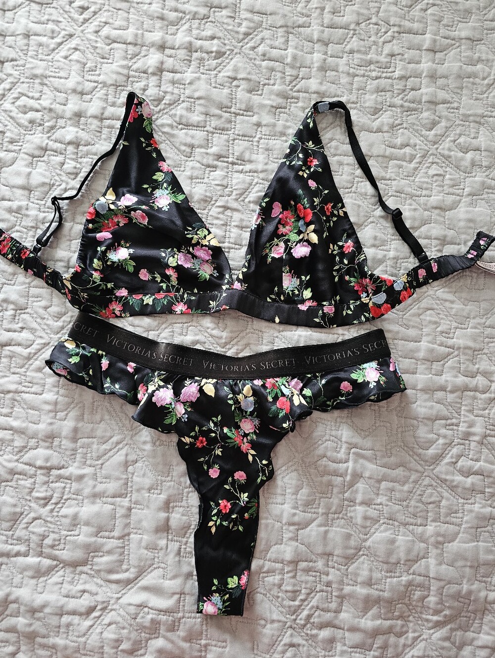 Victoria's Secret Black Floral Satin Bralette & Ruffle Thong Set